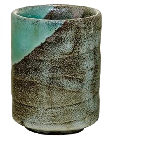 Image of pottery japanese tea cup with teal and gray glaze