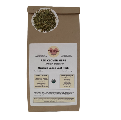 Image of bag of red clover herb with label