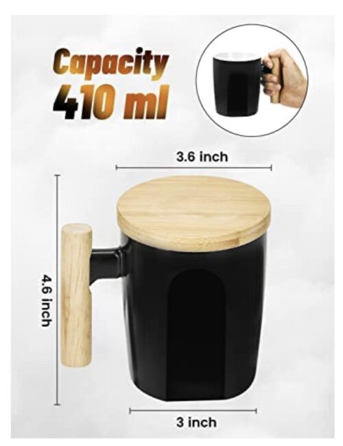 Image of ceramic tea mug with wood handle and lid with dimensions