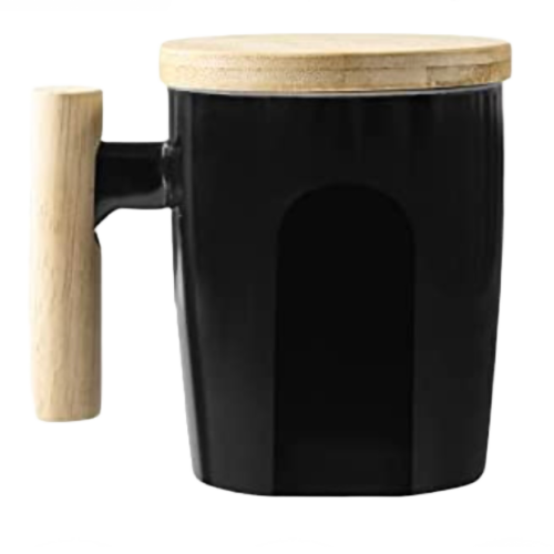 Image of ceramic tea mug with wood handle an lid