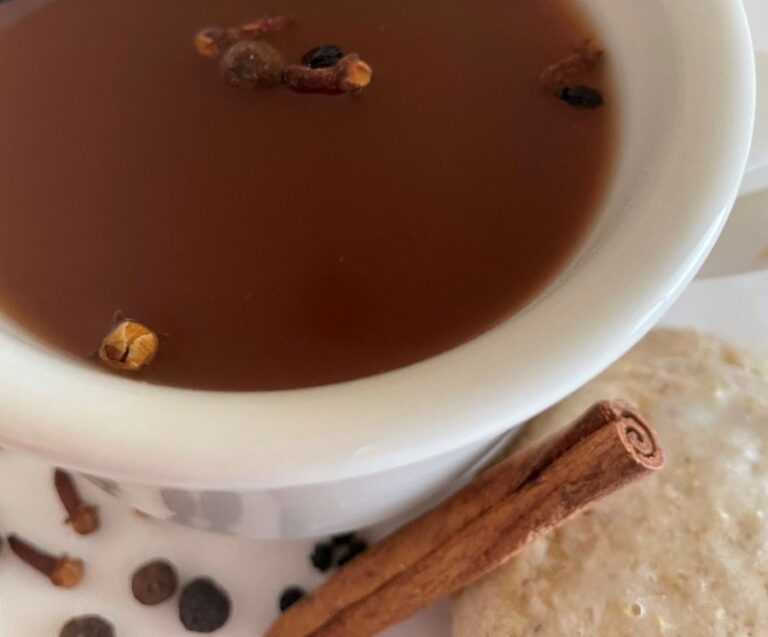 Image of mulled cider in cup with scattered spices and cookies